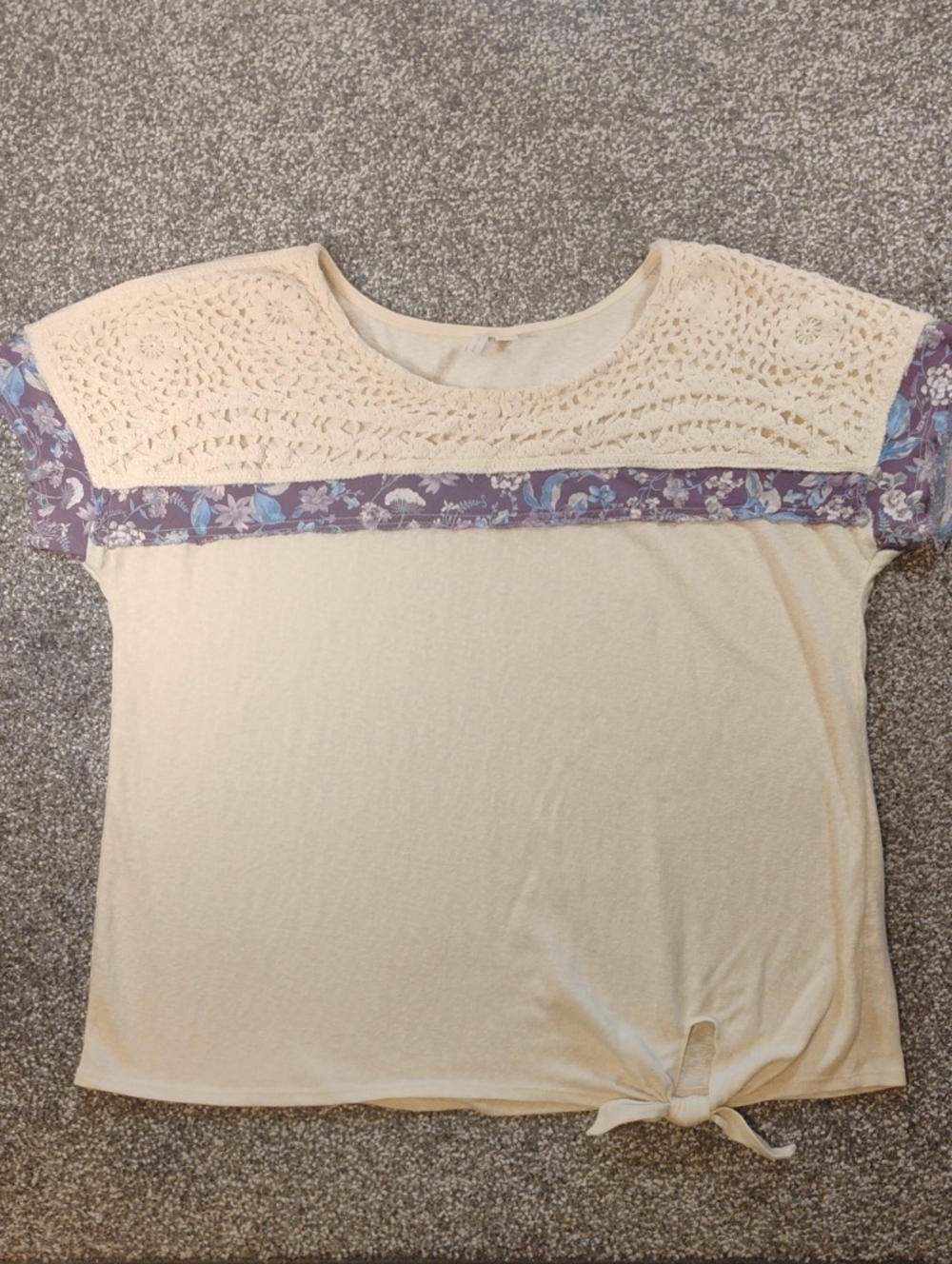Cato Cream Short Sleeve Top with Purple Floral Trim